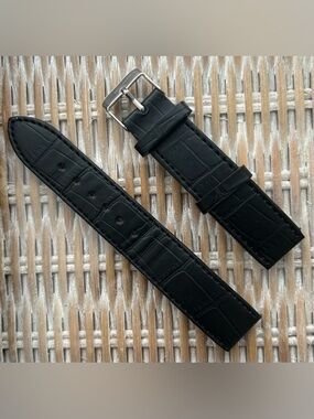 Black Croc-Embossed Genuine Leather Watch Strap with Silver Buckle